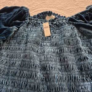 Anthropologie Teal Velvet Smocked Blouse